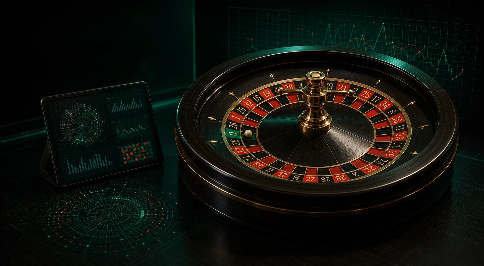 European roulette wheel beside an abstract statistical analysis display