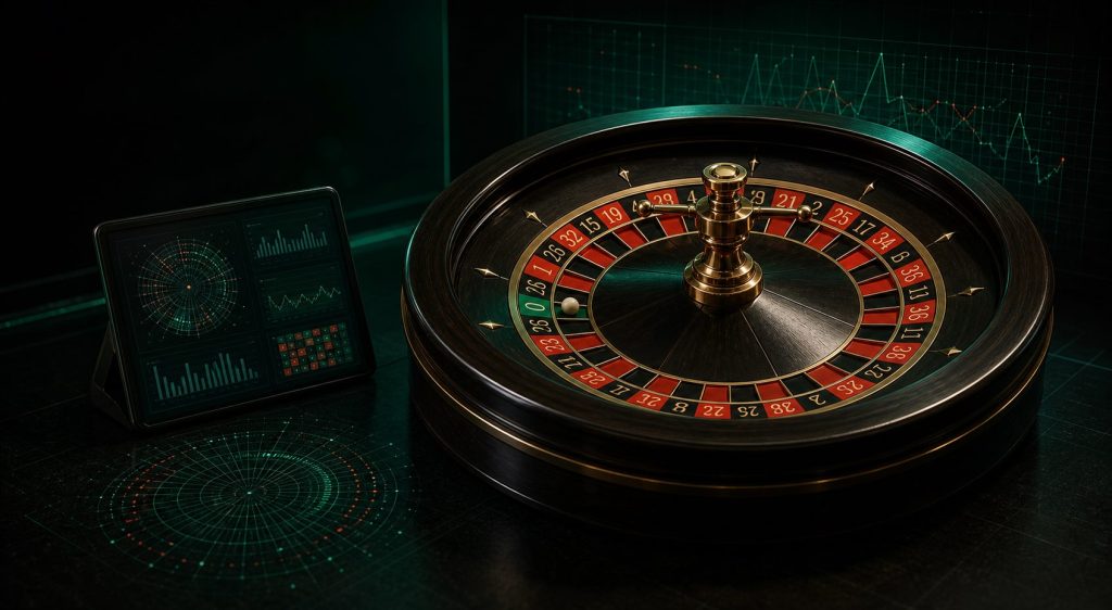 European roulette wheel and statistical analysis display