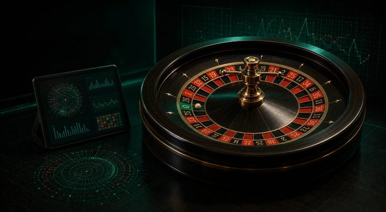 European roulette wheel and statistical analysis display